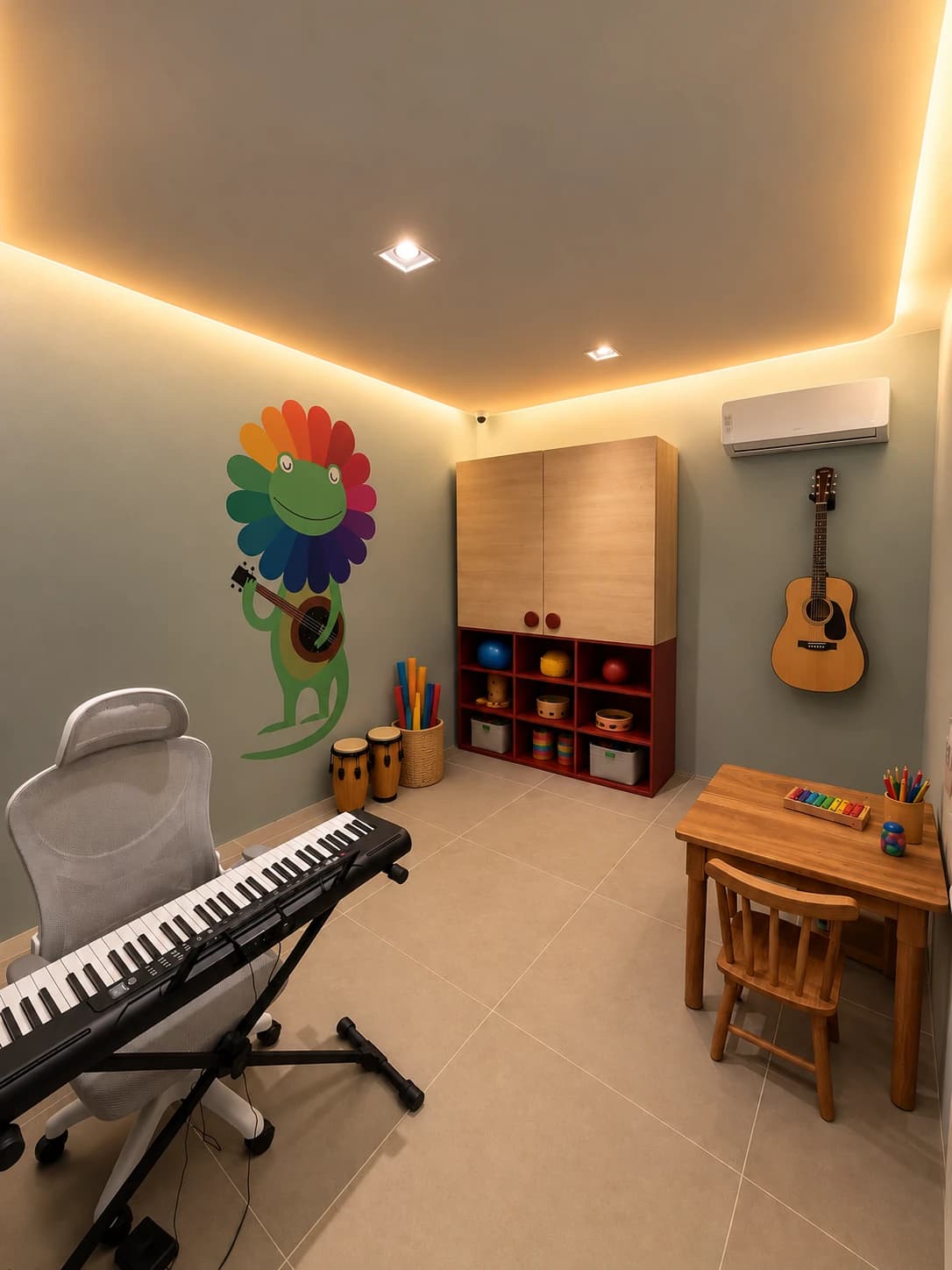 Sala de musicoterapia com teclado, violão na parede, tambores, estante de instrumentos e mural de um sapo músico