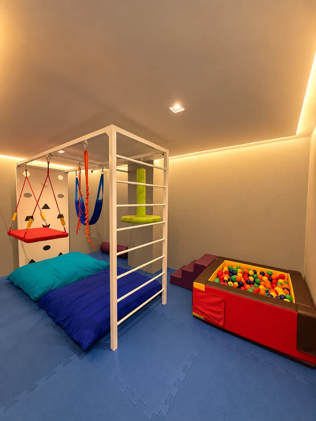 Sala de terapia ocupacional com estrutura de balanços, escada de barras, colchões e piscina de bolinhas